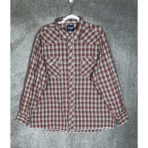 Vintage Wrangler Western‎ Pearl Snap Shirt Mens Size 2X Tall Red Plaid Pockets - Picture 1 of 6